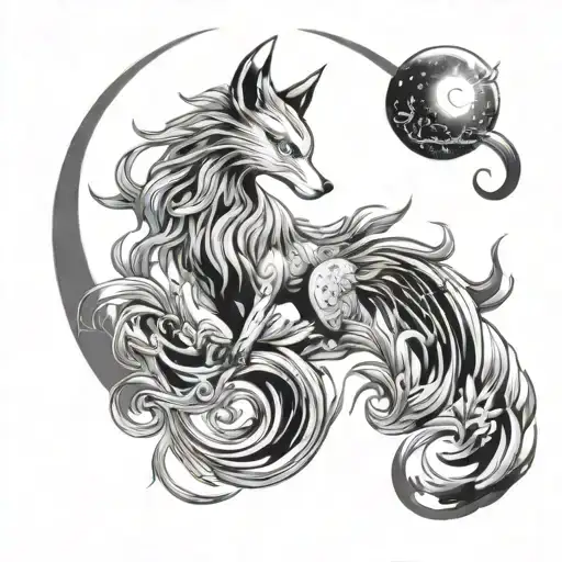 Phoenix And The Nine Tailed Fox And Moon