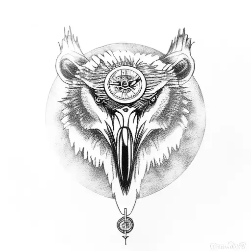 Great Blue Heron Head Over Grizzly Bear And Compass Rose