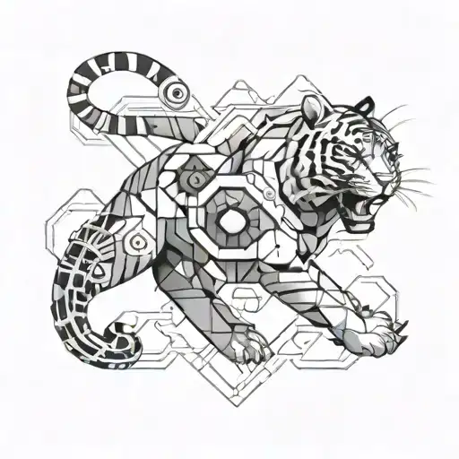 A Geometric Design Of A Swimming Tiger Surrounded By Futuristic Technology And Marine Life