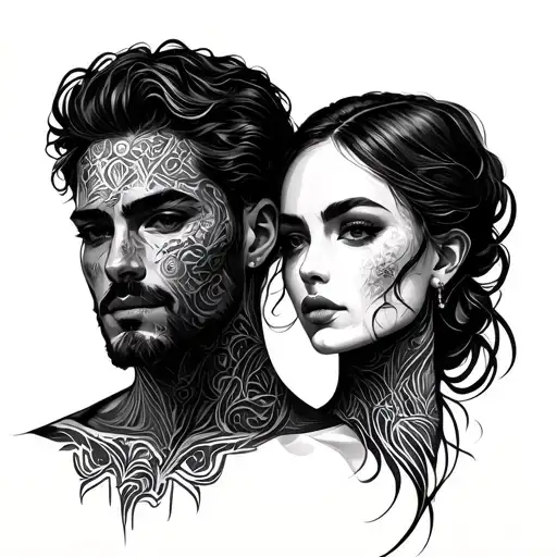 Male And Female Face Connected By Lines In The Style