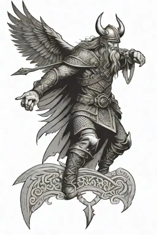 Viking With Runes And Raven Flying