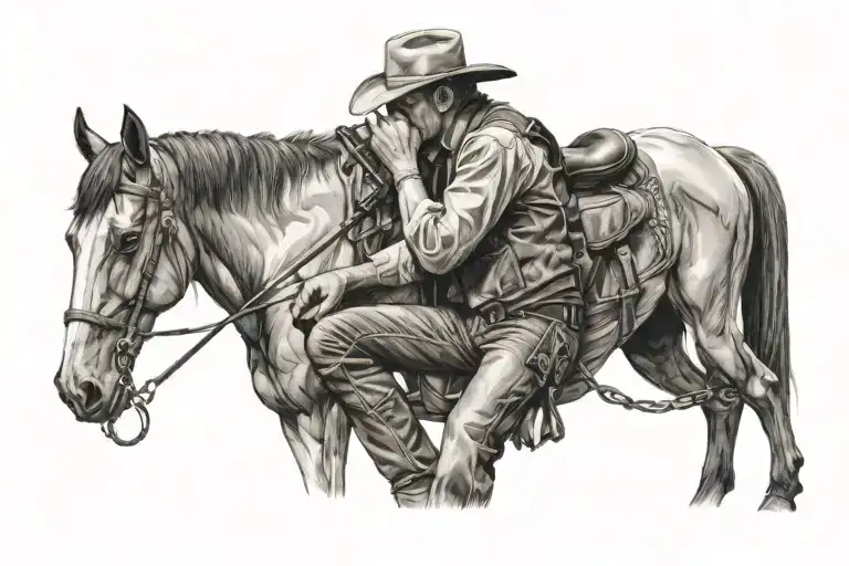 Cowboy Sitting Next To Horse With Harmonica Intertwined