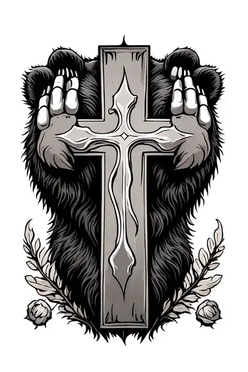 Cross And Bear Paws On Both Sides Of Cross