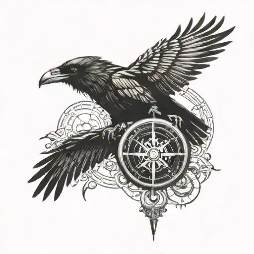 Black Raven On A Viking's Head And A Vegvisir Compass
