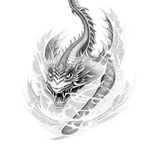 Oriental Style Black Flames Covering Scaly Dragon Skin