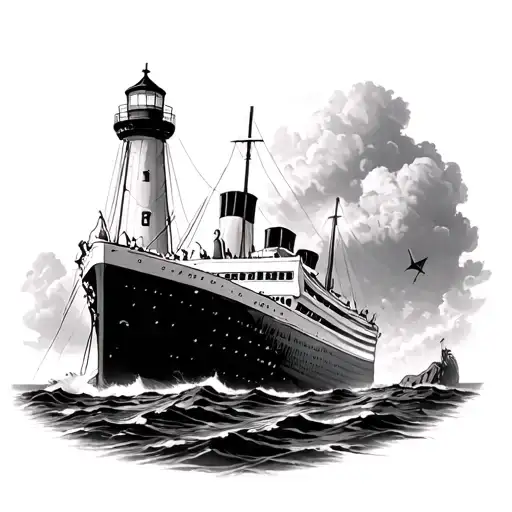 Titanic Sinking On Rocks In Front Of Lighthouse
