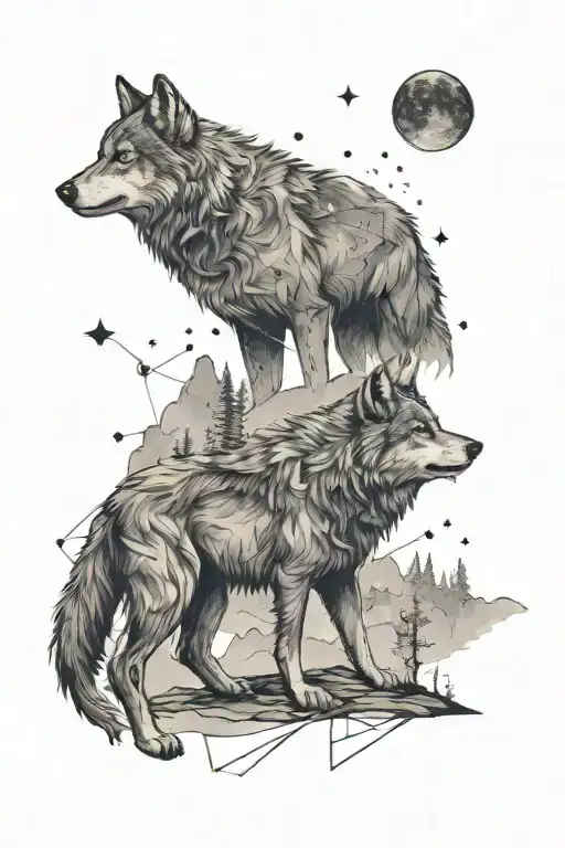Wolf With Landscape And Big And Little Bear Star Constellation