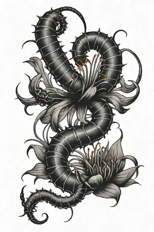 Black Centipede With Red Spider Lily