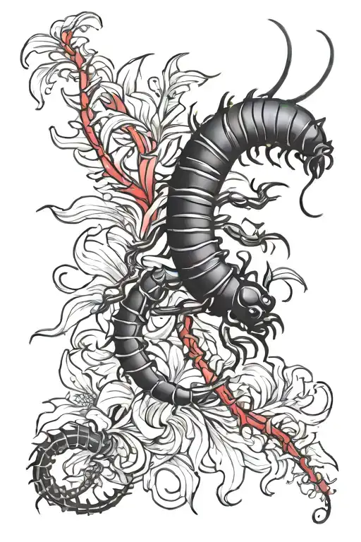 Black Centipede With Red Spider Lily