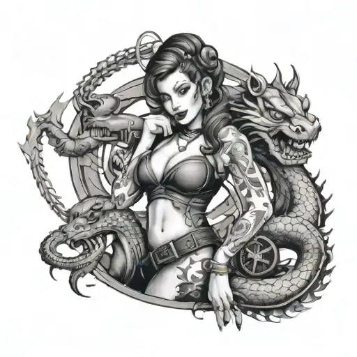 Steam Punk Pin Up Girl With A Welsh Dragon