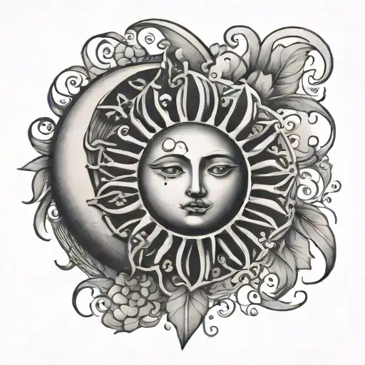 Sun And Moon Themed Tattoo With Clover Signs On The Sides