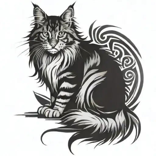 Tribal Maine Coon Cat Sitting Cross Legged