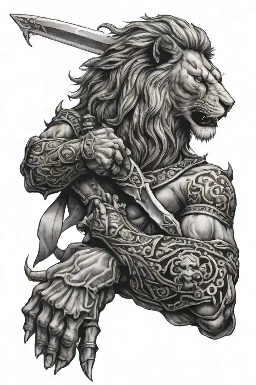 A Lion Holding Sword And A Dragon Wrapped Hand Holding