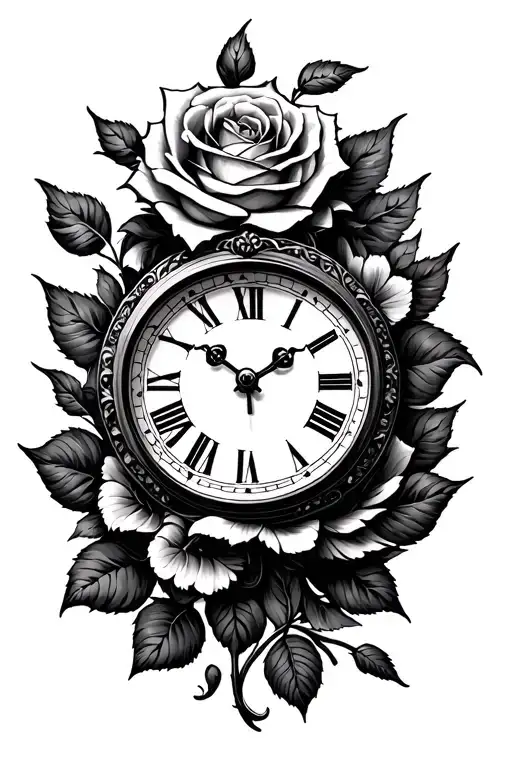 Vintage Clock And Rose Intertwined
