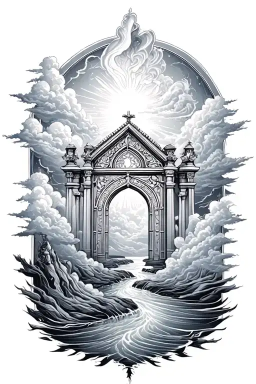 River Of Life Intertwined With Gates Of Heaven In Clouds