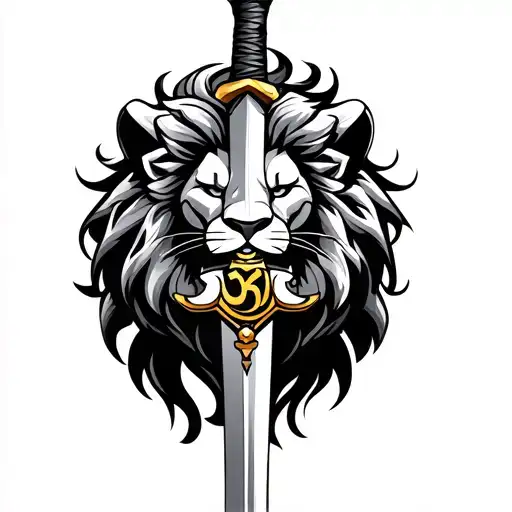 Lion Holding Sword With Aum Symbol In Center Of The Handle