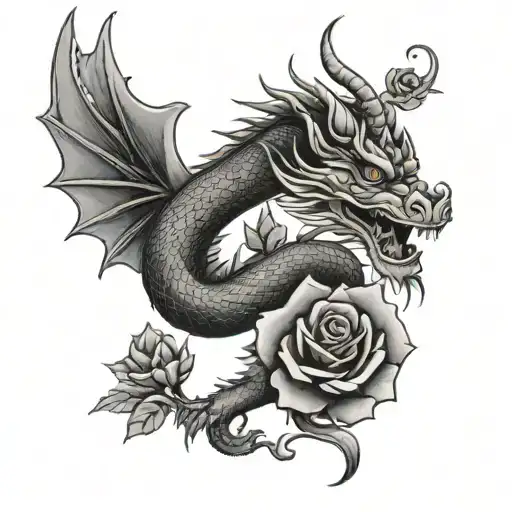 Oriental Dragon With Roses