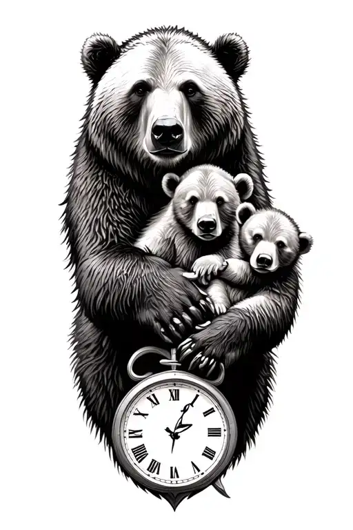 Grizzly Bear Holding Its Cub Nature Scene With Clocks Saying The Past Shaped My Future