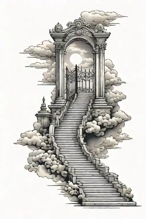 Stairs To Heaven With Iron Gate And Clouds