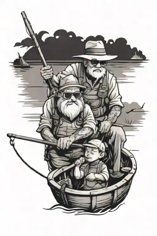 Grandpa And Grandson Fishing On A Boat Fishing