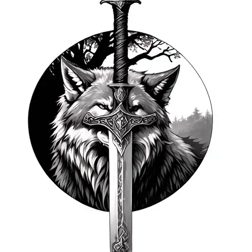 Life Tree In The Background Wolf And Rabe In The Foreground Vikinger Sword From Top To Bottom