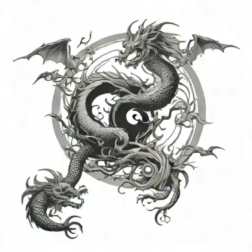 Ying Yang Dragons Flying Around A Tree Mirroing Itself With Spirits Around The Dragons