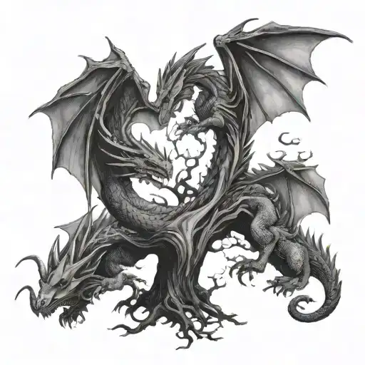 Two Dragons Flying Around A As Above So Below Tree With Spirits Around The Dragons