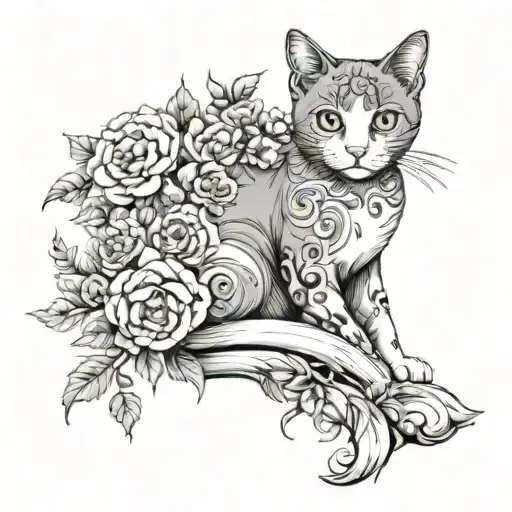 A Grey And White Cat With Flowers Intertwined