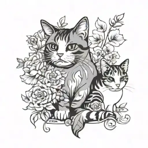 A Calico Cat And A Grey And White Cat With Flowers