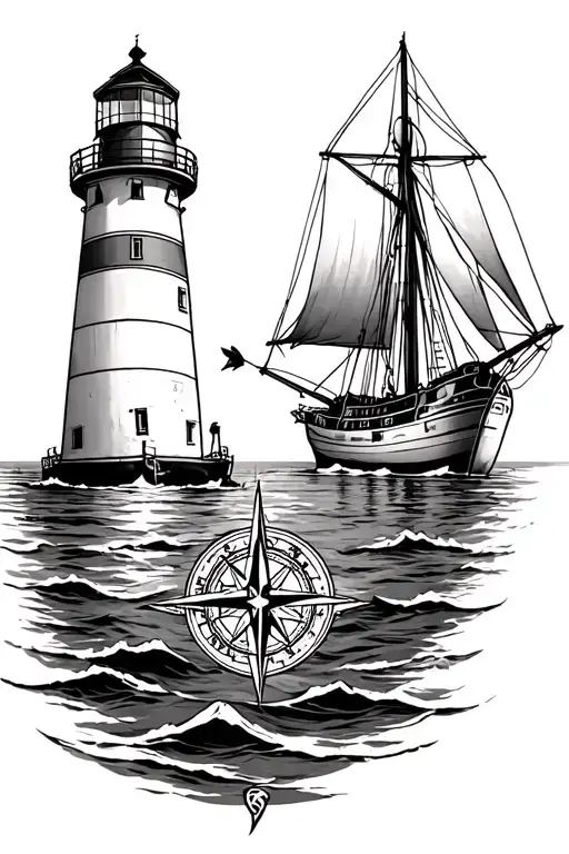 Lighthouse Sailboat Compass Rose