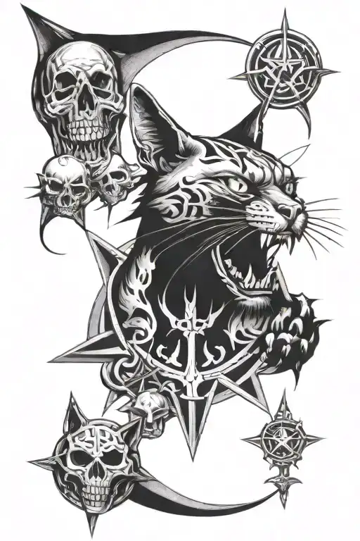 Demonic Cat Surrounded By Skulls And A Pentagram