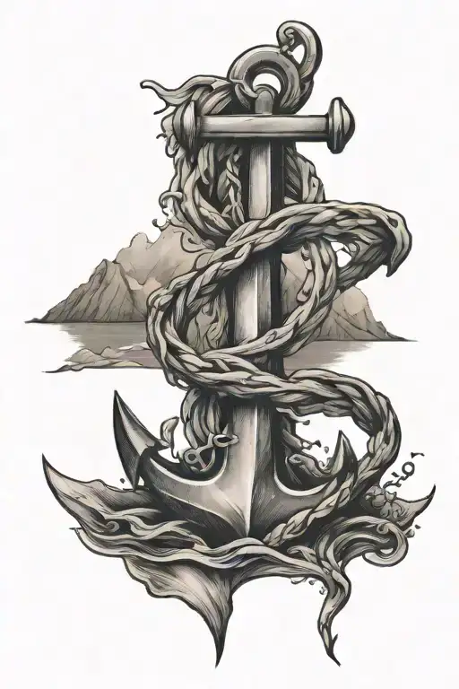Anchor With Mountains And Sea Waves