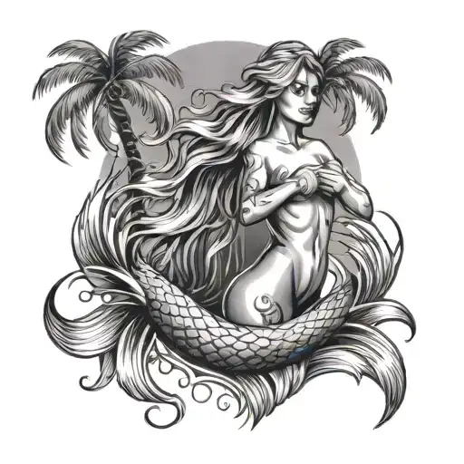 A Sexy Mermaid With Water Waves And California Palm Trees