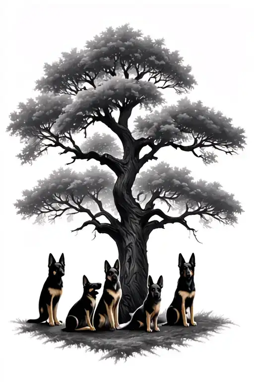 Oak Tree With German Shepherd Dogs
