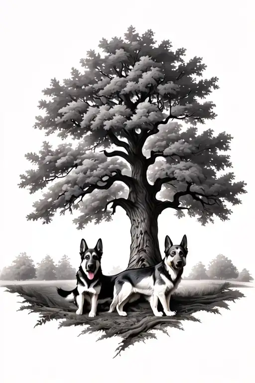 Oak Tree With Two German Shepherd Dogs