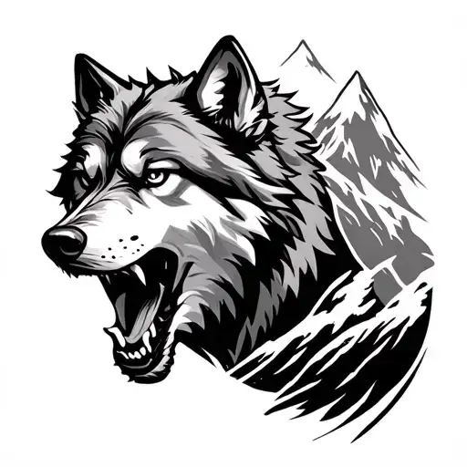 Growling Wolf And Mountains
