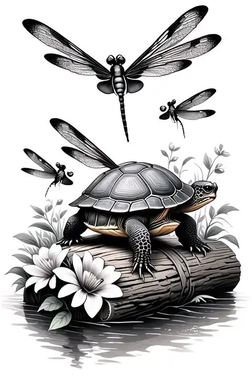 Realistic Turtle Sitting On A Log With Flowers Surrounding Watching Dragonflies
