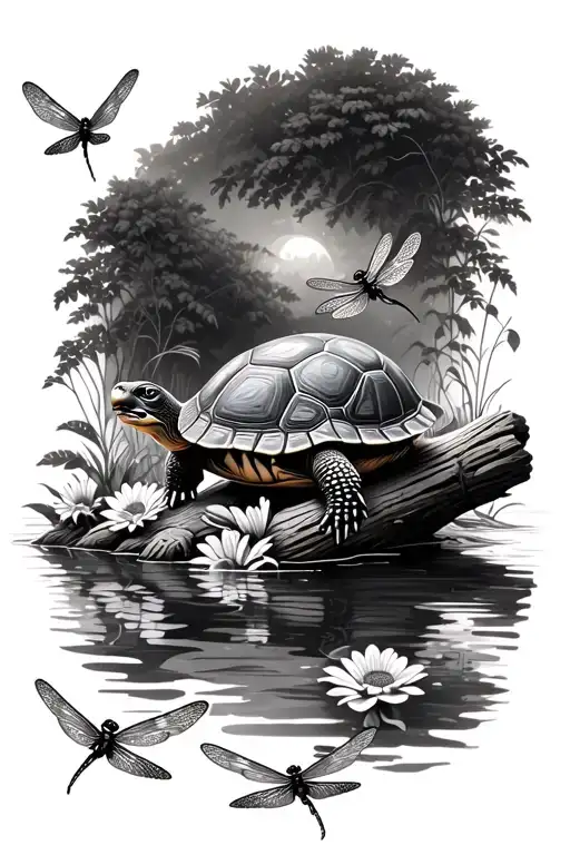 Realistic Turtle Sitting On A Log With Flowers Surrounding Watching Dragonflies