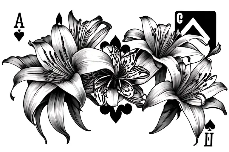 Mix Of Spider Lillies And Tiger Lillies With Deck Of Cards In The Middle