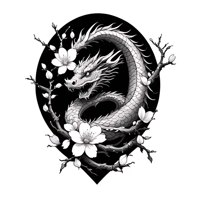 Cherry Blossom Branches With Flowers And Dragon Wrapped Shoulder