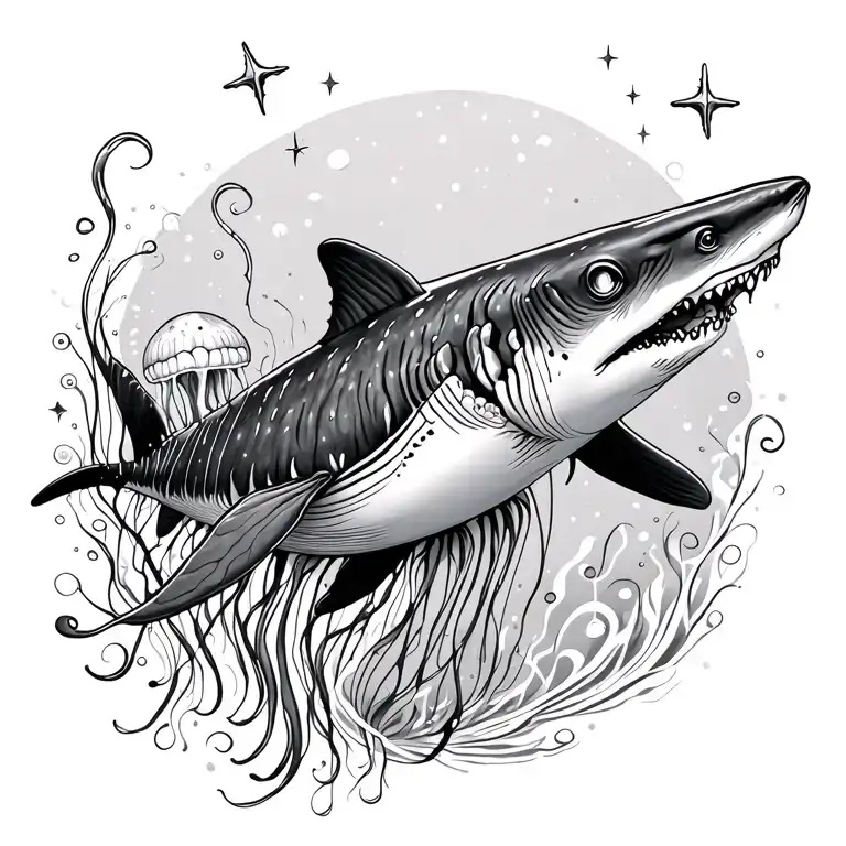 Whale Shark And Jellyfish Design With Stars And Swirls
