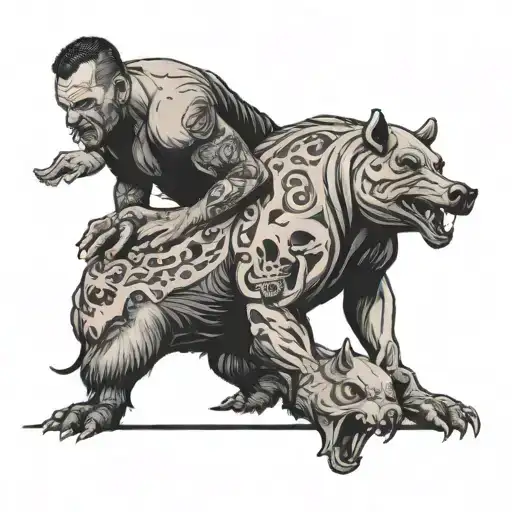 Football Player Holding Two Boars With Skulls