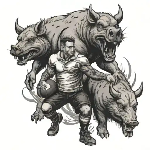 Football Player Holding Two Boars With Skulls
