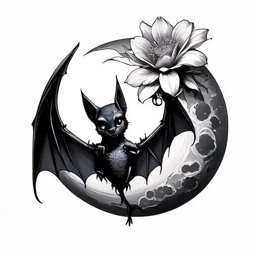Bat Hanging On Moon With Flower