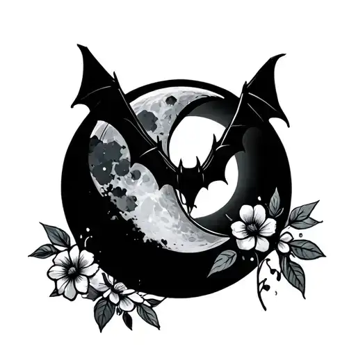 Simple Bat Hanging On Moon With Flower