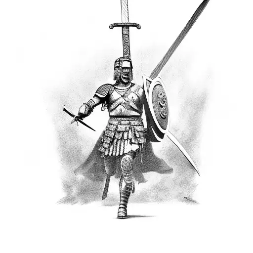 An Ancient Roman Warrior With A Sword On A Battlefield