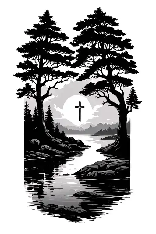 River And Tree Lines With A Cross