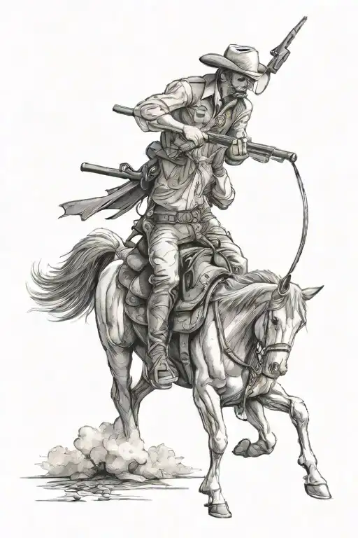 Cowboy With Rifle On Horse Standing Tall