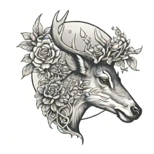 Deer With Flowers And Moon