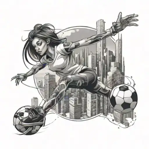 A Detailed Black And Grey Tattoo Of A Girl Playing Football In A Futuristic Cityscape
